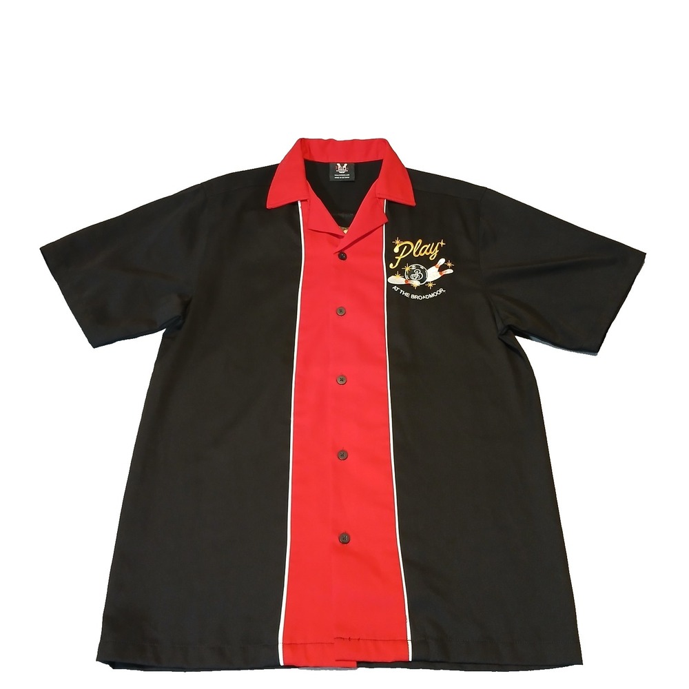 Hilton Shirt Mens Black Red Colorblock Bowling Button Front Embroidered Retro S